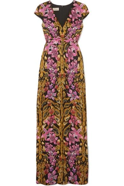 Temperley London Bow-embellished Printed Hammered-silk Gown In Pink