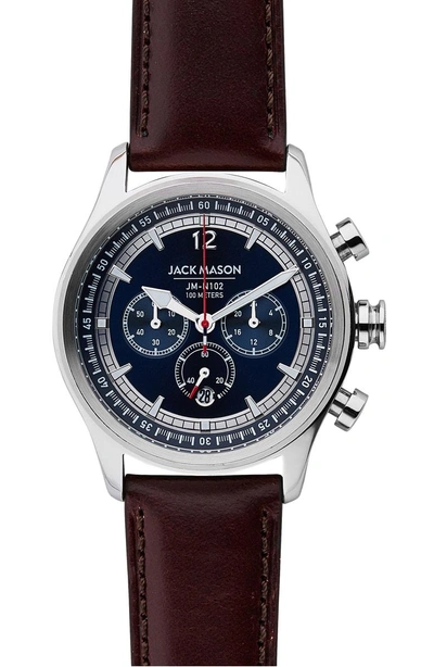 Jack Mason Nautical Chronograph Leather Watch, 42mm In Navy/ Brown