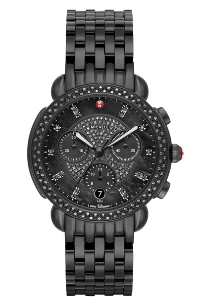 Michele Sidney Chronograph Diamond Bracelet Watch, 38mm In Black/ Black Mop/ Black