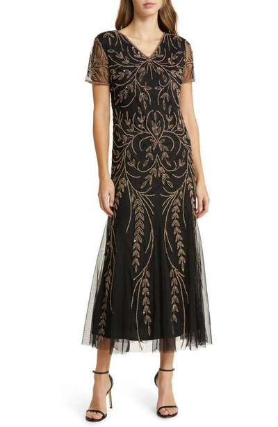 Pisarro Nights V-neck Embellished Mesh Gown In Black