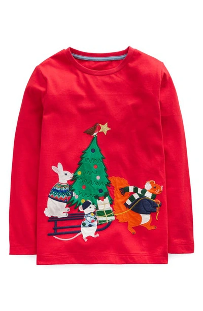 Mini Boden Kids' Holiday Appliqué Long Sleeve Cotton Top In Red Festive Friends