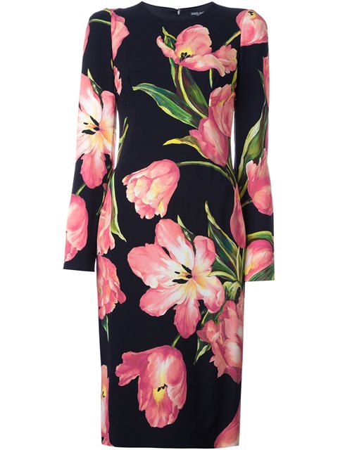 Dolce & Gabbana Long-sleeve Tulip-print Dress, Black/rose Pink, Black ...