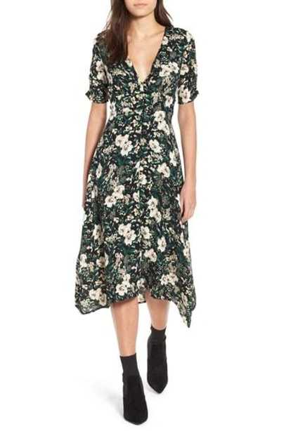 Astr Button Front Midi Dress In Green Ivory Floral