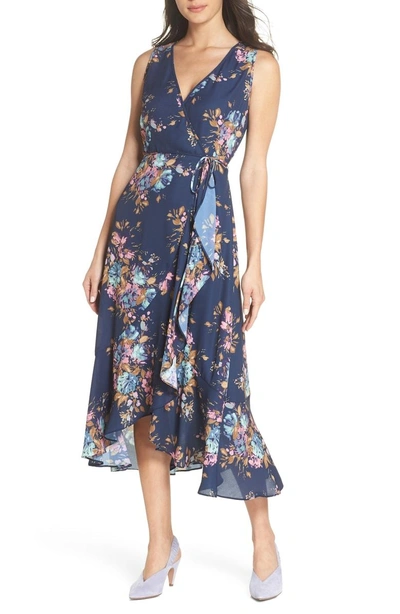 Charles Henry Floral Sleeveless Wrap Dress In Navy Floral