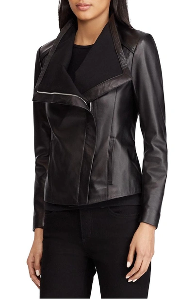 Lauren Ralph Lauren Drape Front Leather Moto Jacket In Black