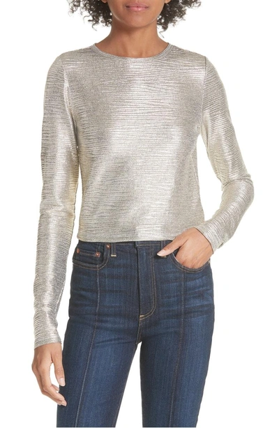 Alice And Olivia Delaina Silver Long Sleeve Crop Top In Silver Foil