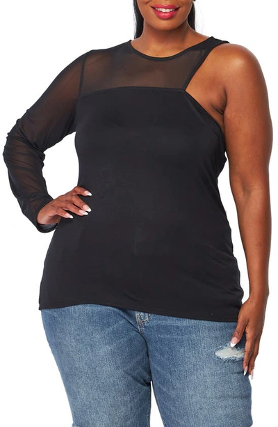 Bluegrey Mesh Notch One-shoulder Mixed Media Top In Black -