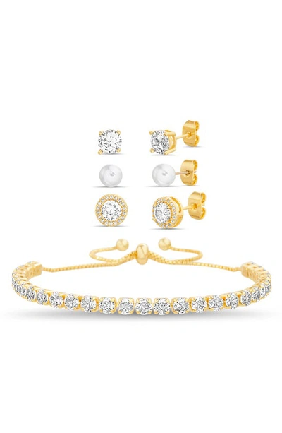 Nes Jewelry Crystal Slider Bracelet & 3-piece Crystal & Imitation Pearl Stud Earrings Set In Gold