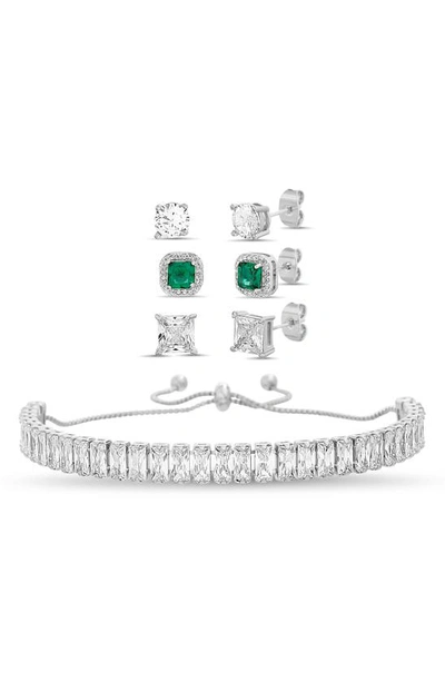Nes Jewelry Crystal Slider Bracelet & 3-piece Crystal Stud Earrings Set In Metallic