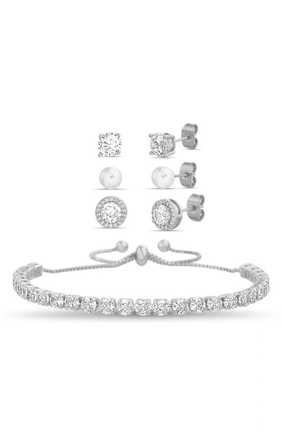 Nes Jewelry Crystal Slider Bracelet & 3-piece Crystal & Imitation Pearl Stud Earrings Set In Metallic