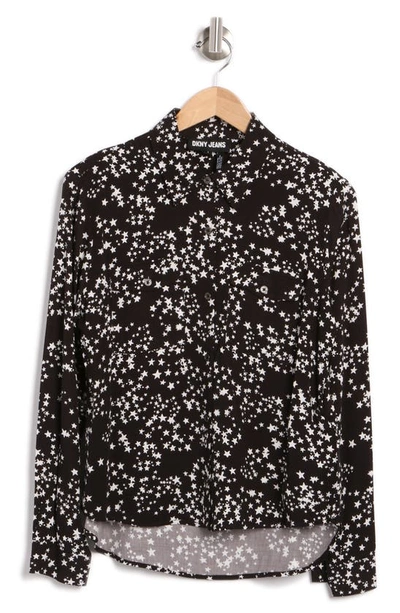 Dkny Print High-low Woven Button-up Shirt In Black Ivory Combo