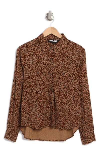 Dkny Print High-low Woven Button-up Shirt In Vicuna Black Multi