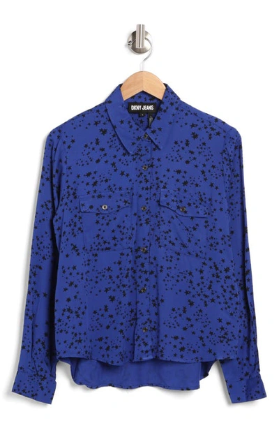 Dkny Print High-low Woven Button-up Shirt In Deep Cobalt/ Black Combo