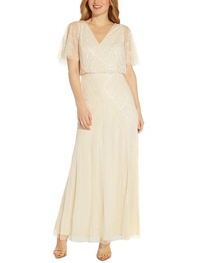 Adrianna Papell Womens Mesh Embellished Evening Dress In Beige