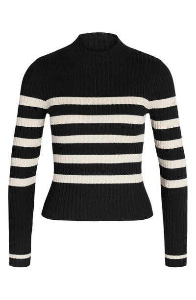 Noisy May Stripe Mock Neck Rib Sweater In Black Stripes Oatmea