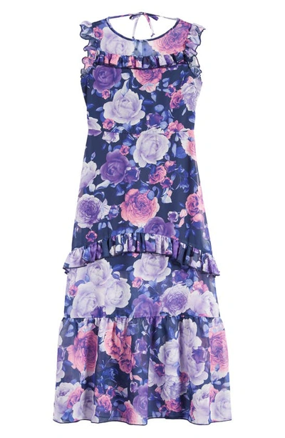 Ava & Yelly Kids' Floral Ruffle Maxi Dress In Plum