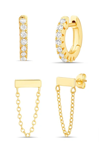 Nes Jewelry Assorted 2-piece Crystal Huggie Hoop & Chain Drop Earrings In Gold