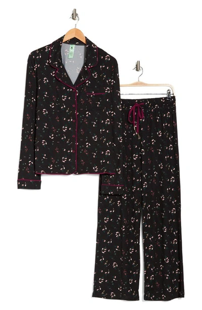 Honeydew Intimates Quiet Night Long Sleeve Button-up Top & Pants Pajamas In Black Poppies