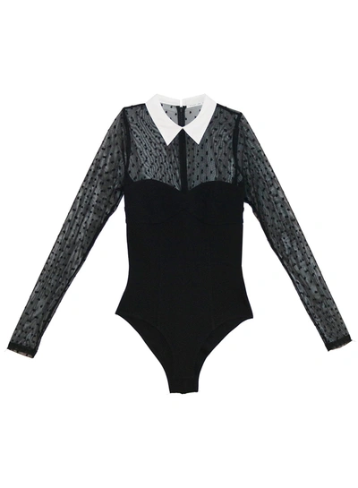 Fleur Du Mal Collared Bodysuit With Dotted Tulle In Black
