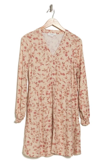 Lucky Brand Long Sleeve Tiered Dress In Cream Floral