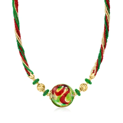 Ross-simons Italian Multicolored Murano Glass Bead Necklace In 18kt Gold Over Sterling In Green