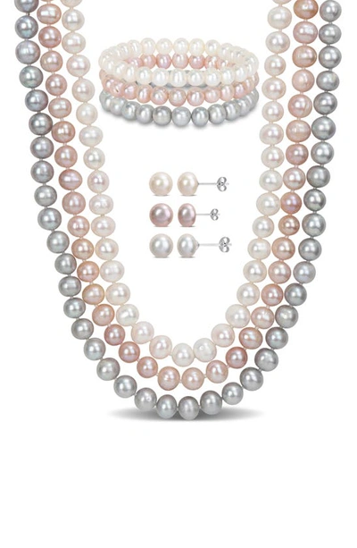 Delmar Set Of 7 Freshwater Cultured Pearl Stud Earrings, Bracelet & Necklaces In Multi