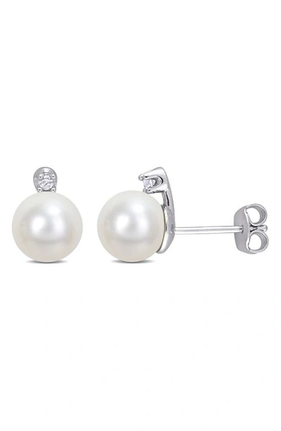 Delmar Freshwater Pearl & Diamond Stud Earrings In White