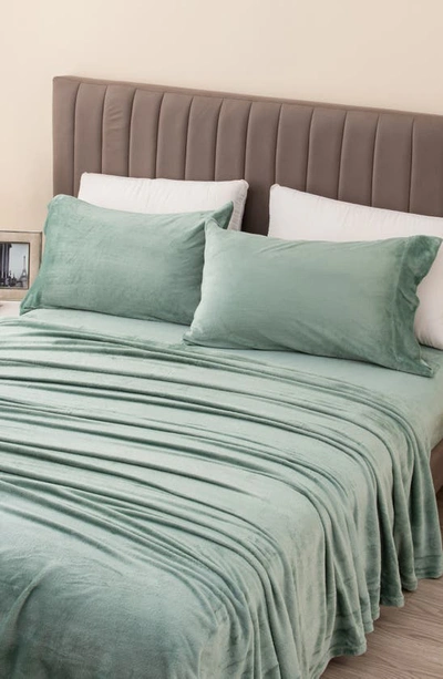 Woven & Weft Solid Plush Velour Sheet Set In Sea Mist