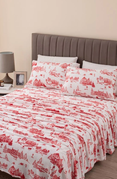 Woven & Weft Printed Plush Velour Sheet Set In Snowtown Toile - Red