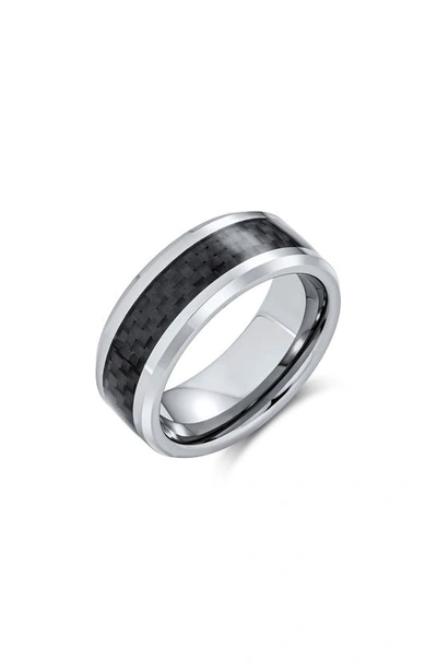 Bling Jewelry Geometric Carbon Fiber Inlay Titanium Band Ring In Black