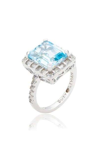 Suzy Levian Sterling Silver Emerald Cut Blue Topaz & White Topaz Halo Ring