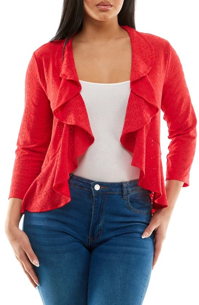 Nina Leonard Eyelet Ruffle Cardigan In Real Red