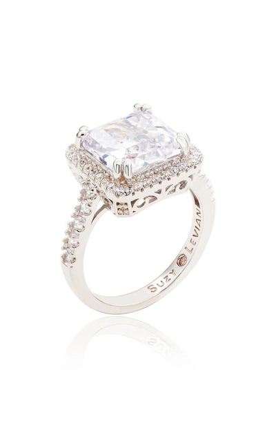 Suzy Levian Sterling Silver Asscher Cut Cubic Zirconia Halo Ring