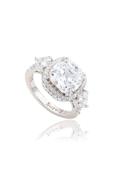 Suzy Levian Sterling Silver Cushion Cut Cz Halo Bridal Ring In White