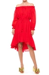 Meghan La Keiko Swiss Dot Off The Shoulder Chiffon Dress In Cherry