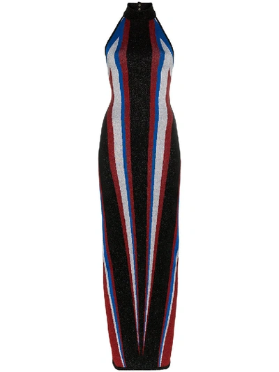 Balmain Halterneck Stripe Fitted Maxi Dress In Multicolour