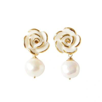 Poporcelain Golden White Cloud Rose Pearl Drop Earrings