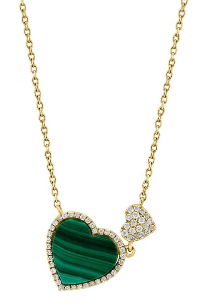 Effy 14k Yellow Gold Malachite & Diamond Double Heart Necklace In Yellow Gold/ Green