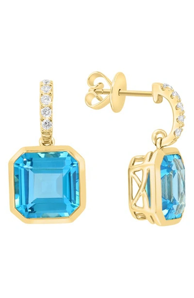 Effy 14k Yellow Gold Diamond J-huggie With Blue Topaz Drop Earrings In Yellow Gold/ Blue
