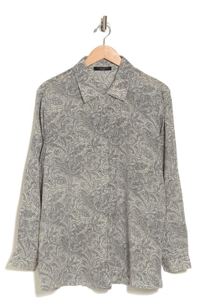 T Tahari Collared Long Sleeve Button Front Shirt In Black/ White Paisley Print