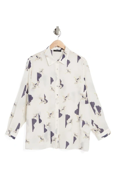 T Tahari Collared Long Sleeve Button Front Shirt In Bird Print Ivory Ground