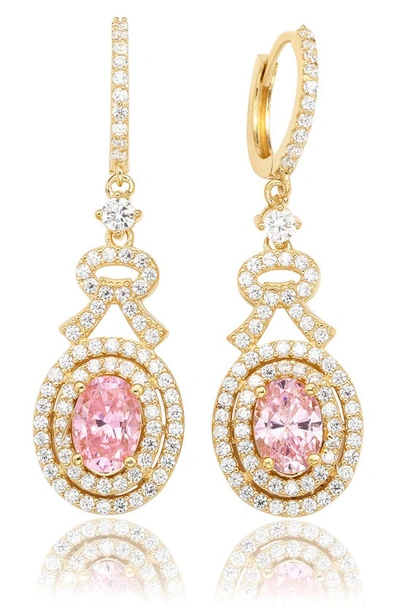 Suzy Levian Cubic Zirconia Double Halo Drop Huggie Hoop Earrings In Gold/ Pink