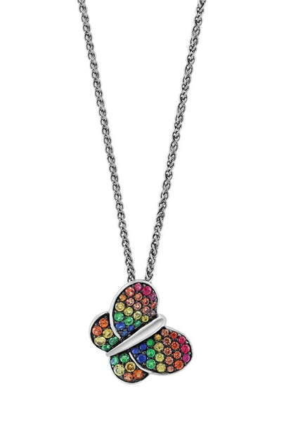 Effy Sterling Silver Pavé Sapphire & Tsavorite Butterfly Pendant Necklace In Rainbow Multi
