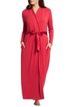 Fleur't Satin Tie Long Knit Robe In Crimson