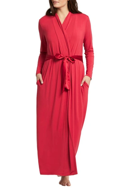 Fleur't Satin Tie Long Knit Robe In Crimson