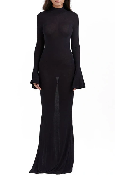 House Of Cb Sancha Open Back Long Sleeve Semisheer Body-con Maxi Dress In Black