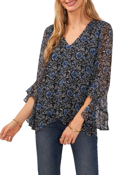 Vince Camuto Pintuck Floral Flutter Sleeve Blouse In Rich Black