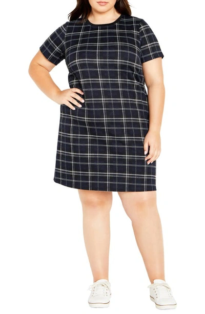 City Chic Check Love Knit Dress In Navy Check