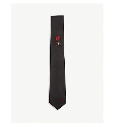 Alexander Mcqueen Embroidered Rose And Skull Silk Tie In
