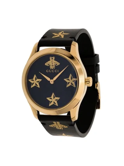 Gucci 38mm G-timeless Bee & Star Leather Watch In Black